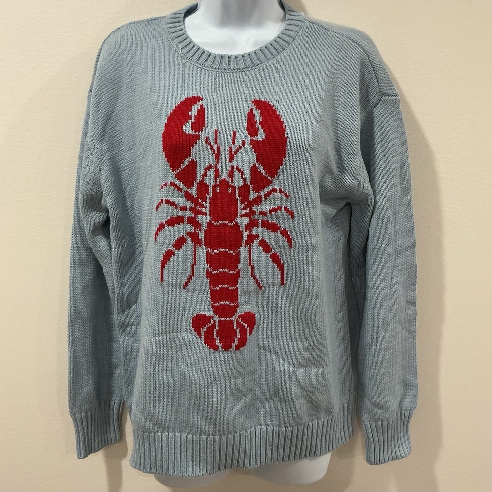 Mighty Fine Light Blue Lobster Print Knit Sweater Women's Medium Coastal  NEW